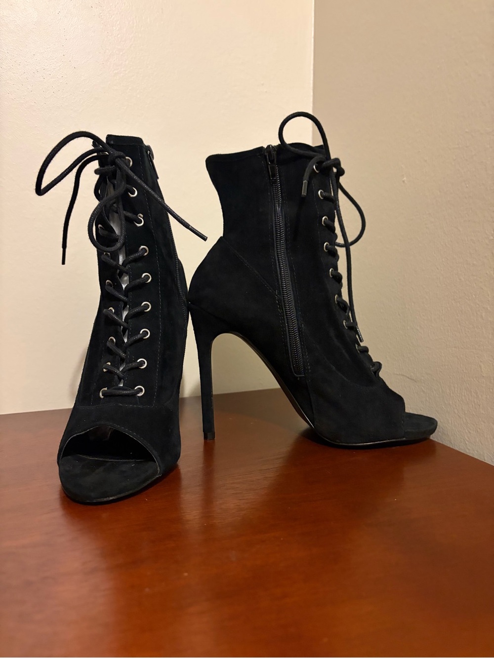 Steve Madden Black Lace-Up Peep Toe Stiletto Booties